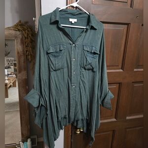 Umgee, L, Vintage Wash, Button-Down Longline Shirt Jacket in Deep Teal/Green